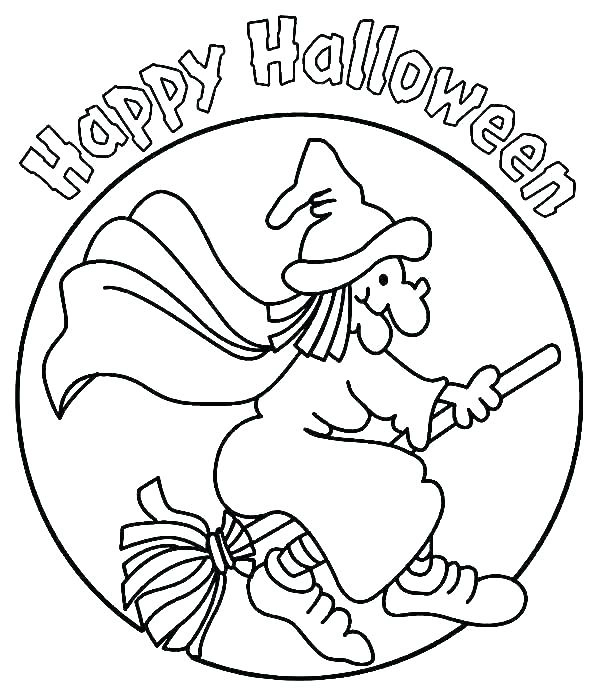 Happy Halloween coloring page witch on a broomstick
